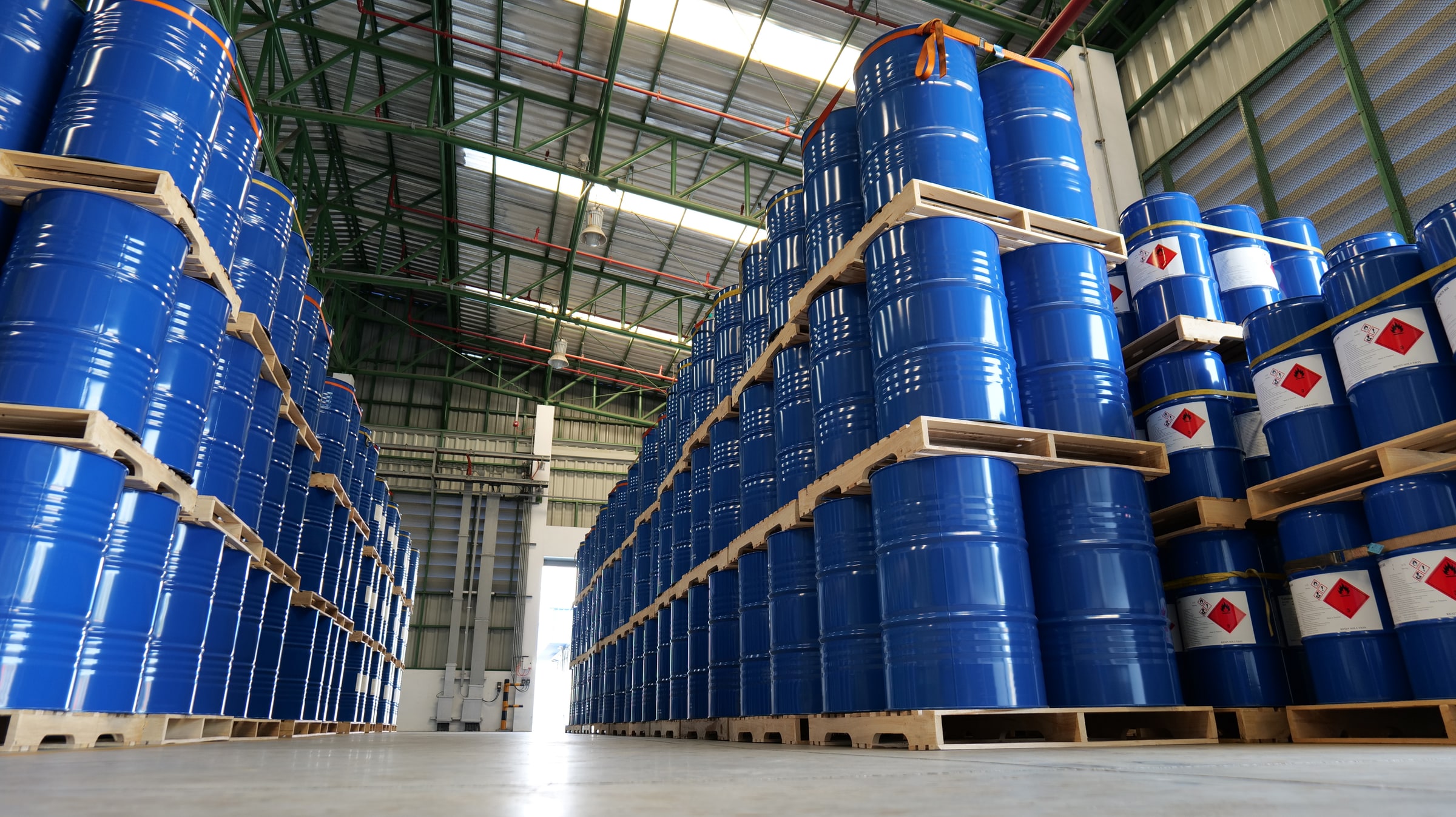 Industrial drums in a warehouse