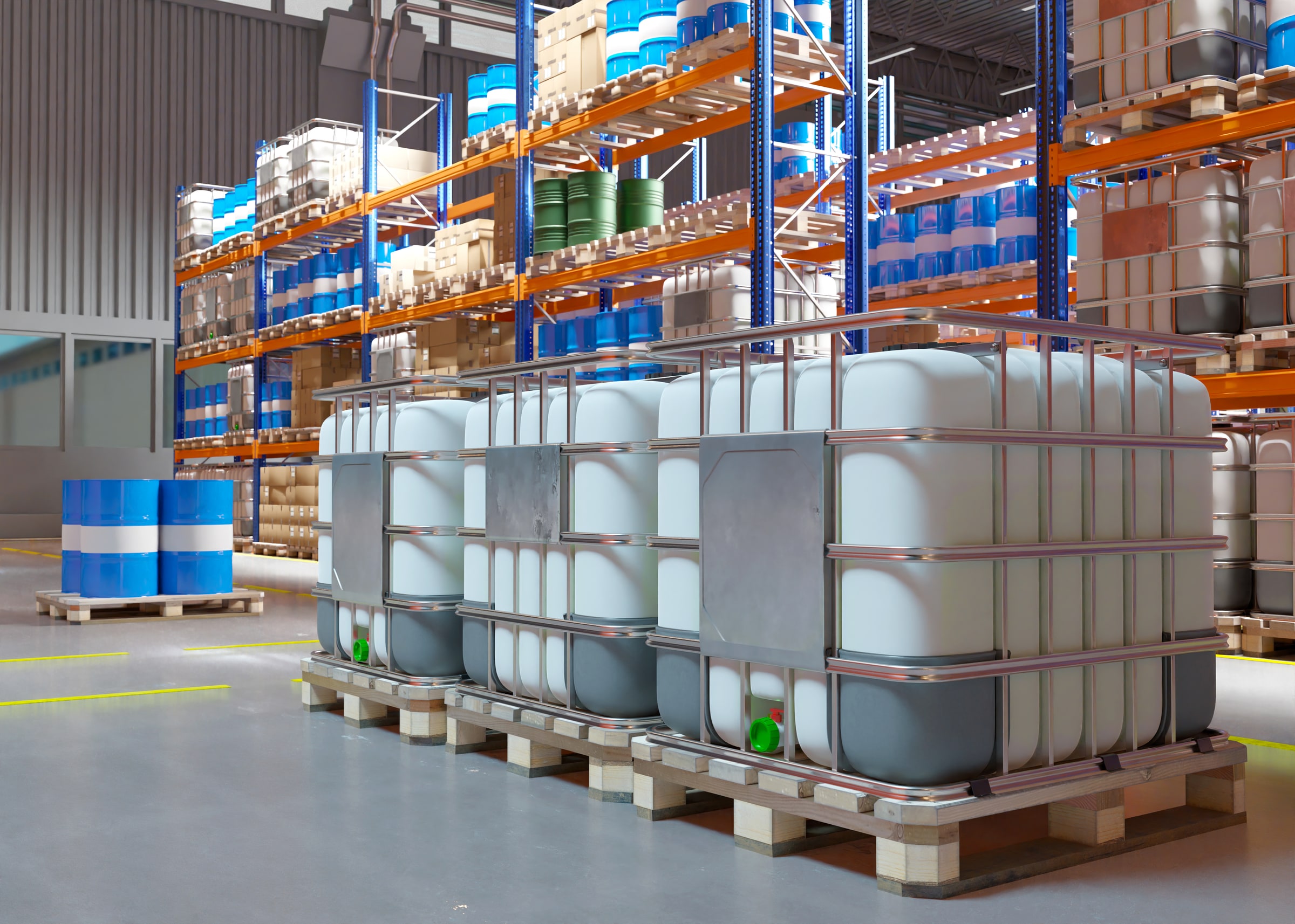 Clean industrial totes in a warehouse for chemical storage and distribution